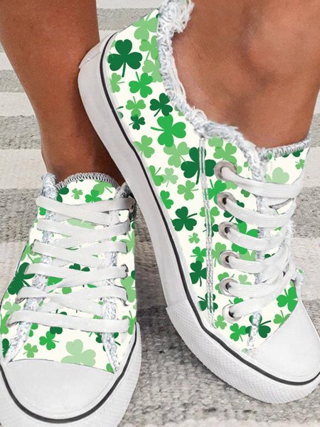 Women's Casual Shamrock Printing Lace-Up Canvas Shoes, Green, Sneakers