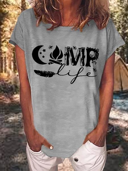 Women's Funny Summer Vacation Camp Life Crew Neck T-Shirt, Gray, T-shirts