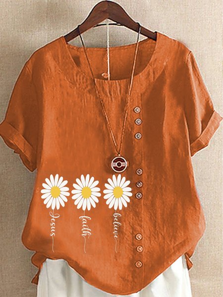 Loose Linen Vacation Floral Shirt, Orange, Shirts & Blouses