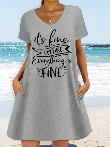 Women's Funny Word I'm Fine V Neck Casual Loose Dress, Gray, Dresses