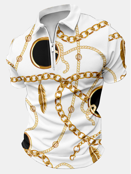 Men's Chain Feather Art Print Regular Fit Casual Polo Collar Polo Shirt, Yellow, T-shirts