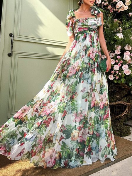 Long Vacation Regular Fit Spaghetti Chiffon Dress, Green, Maxi Dresses