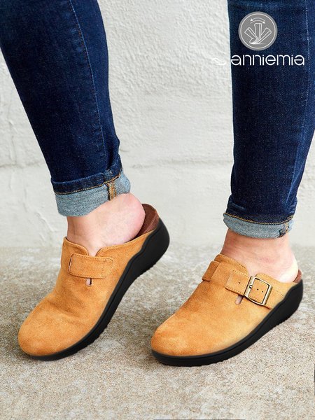Tan Casual Buckle Decor Comfy Sole Flat Mules, Flats