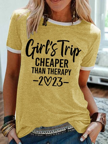 

Women's Girl's Trip Cheaper Than Therapy Summer Vacation Casual Crew Neck T-Shirt, Yellow, T-shirts