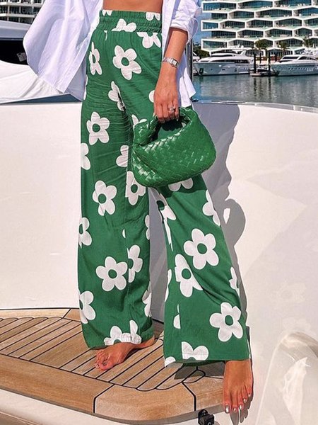 Floral Long Vacation Regular Fit Fashion Pants, Green, Pants