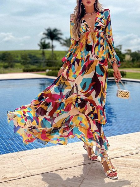 V Neck Vacation Abstract Graphic Dress, Red, Maxi Dresses