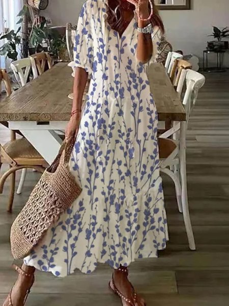 Plus Size Boho Loose V Neck Floral Dress, White, Dresses 
Plus Size Boho Loose V Neck Floral Dress, White, Dresses