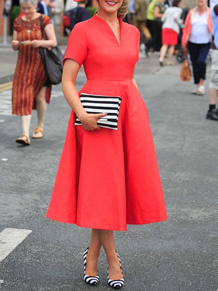 Elegant V Neck Short Sleeve Plain Dress, Red, Midi Dresses