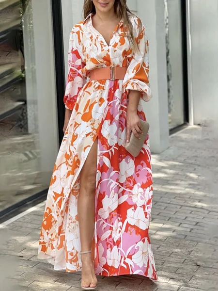 Vacation Shirt Collar Regular Fit Lantern Sleeve Dress, Orange, Maxi Dresses