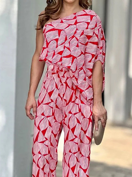 Loose Vacation Asymmetrical Abstract Cap sleeve Shirt, Red, Blouses and Shirts