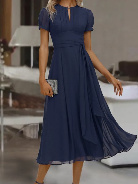 Plain Chiffon Crew Neck Casual Dress, Blue, Dresses
