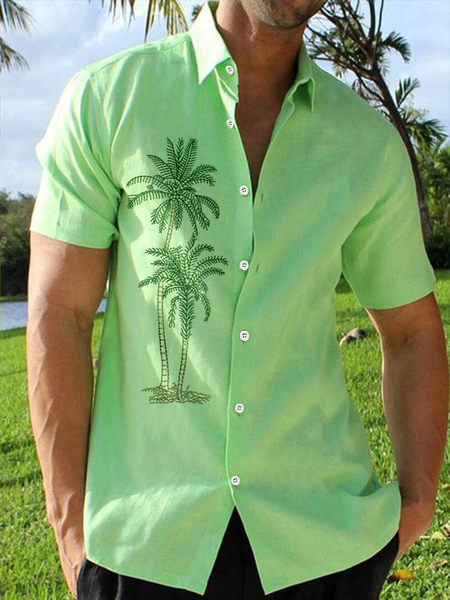 Coconut Tree Short Sleeve Resort Shirt, Green, Men Shirts