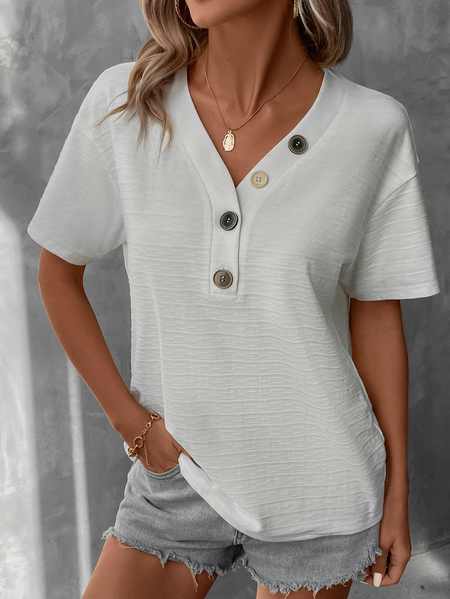 Casual V Neck Plain Shirt, White, Shirts & Blouses