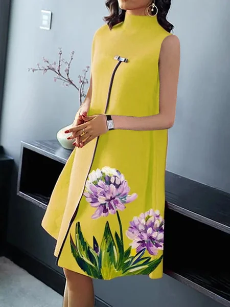 

Loose High Elasticity Stand Collar Urban Sleeveless Floral Skirt Dress, Yellow, Midi Dresses