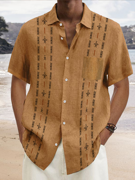 Stripe Chest Pocket Short Sleeve Casual Bowling Shirt, Tan, Men Shirts