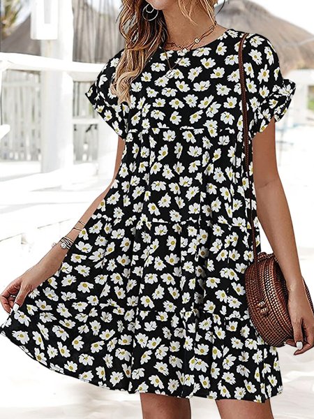 Vacation Small Daisy Loose Dress, Black, Dresses