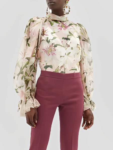 Lantern Sleeve Floral Elegant Loose Blouse, Flower, Blouses and Shirts