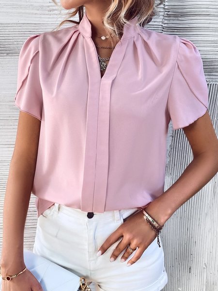 Plain Stand Collar Elegant Regular Fit Blouse, Pink, Blouses and Shirts