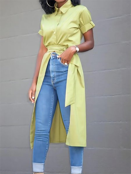 Plain Casual Short sleeve Regular Fit Blouse, Green, Blouses and Shirts