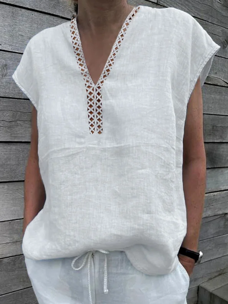 Women's Cotton Linen Lace Hollow V Neck Shirt, White, Shirts & Blouses
