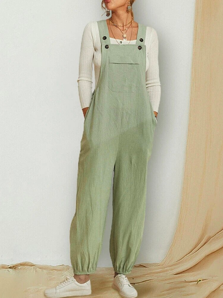Cotton Loose Spaghetti Casual Jumpsuit, Green, Jumpsuits&Rompers