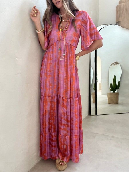 V Neck Casual Geometric Dress, Rose red, Maxi Dresses