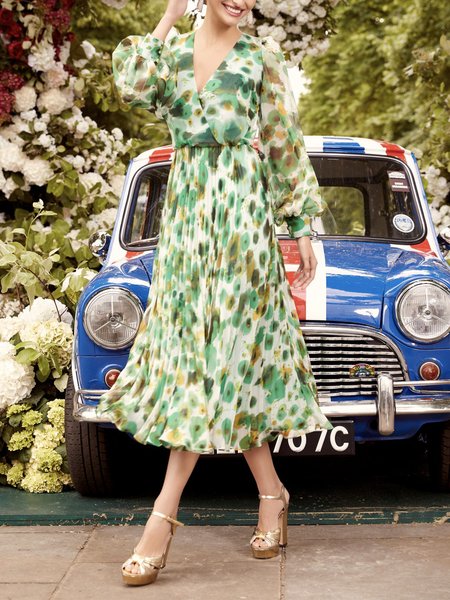 Vacation Cross Neck Floral Regular Fit Midi Dress, Green, Midi Dresses