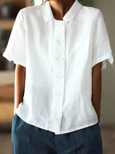 Women Loose Button Down White Cotton Linen Short Sleeve Blouse, Blouses & Shirts