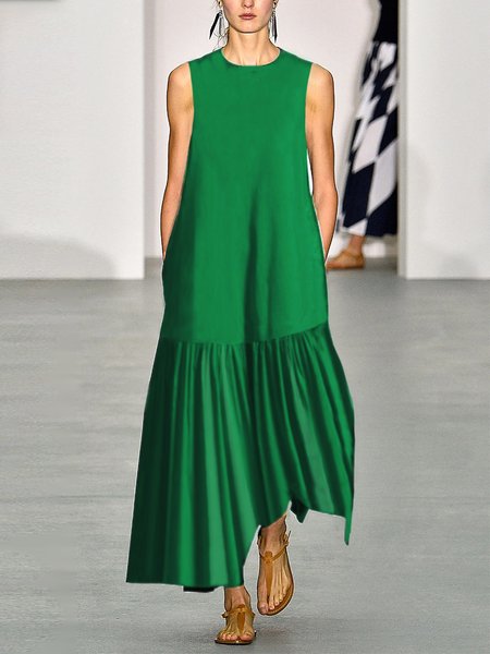 Vacation Plain Sleeveless Crew Neck Dress, Green, Maxi Dresses