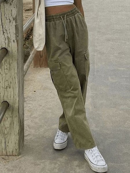 Loose Casual Plain Cargo Pants, Army green, Pants