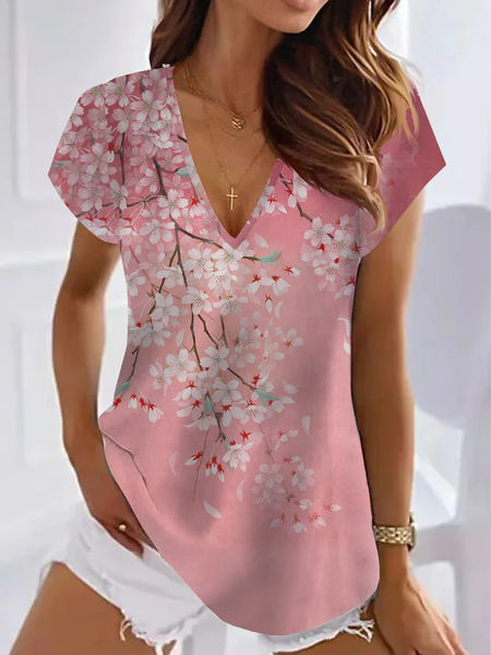 V Neck Loose Vacation Floral T-Shirt, Pink, T-Shirts