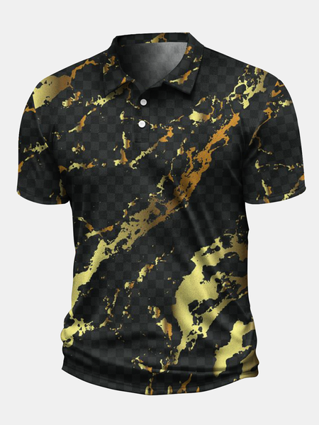 Gold Gradient Geometric Button Short Sleeve Polo, Black, Polo Shirts