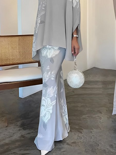 Floral Regular Fit Elegant Maxi Skirt, Gray, Skirts