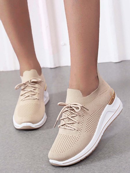 Breathable Flyknit Platform Sneakers, Khaki, Sneakers