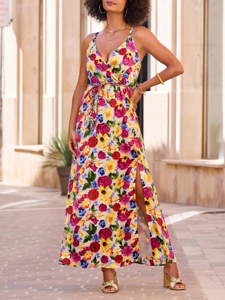 Floral Loose Vacation Spaghetti Dress, Red, Dresses