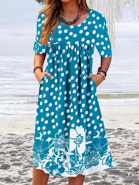 Loose Casual Crew Neck Polka Dots Floral Dress, Blue, Dresses