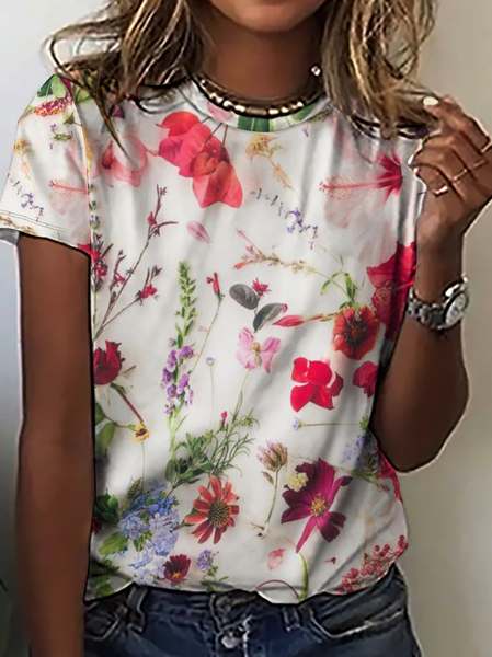 Women's Simple Crew Neck Loose Floral T-Shirt, Red, T-shirts