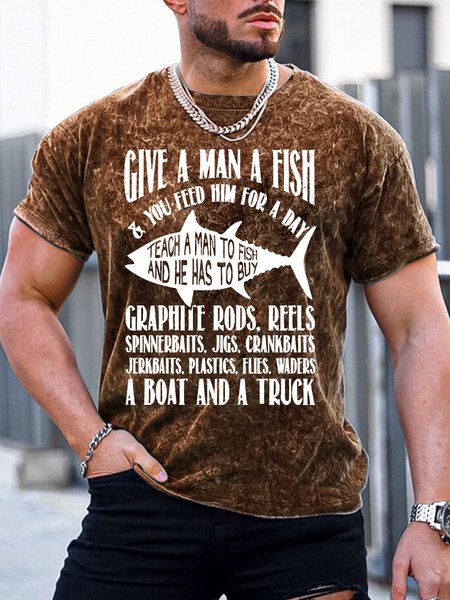 Men’s Give A Man A Fish & You Feed Him For A Day Casual Crew Neck Regular Fit Text Letters T-Shirt, Brown, T-shirts