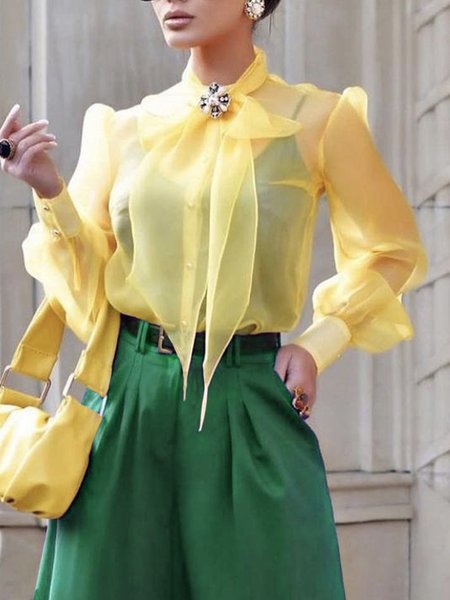 Regular Fit Elegant Plain Long Sleeve Blouse, Yellow, Blouses and Shirts