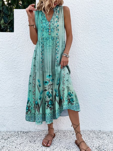 Ethnic Stand Collar Regular Fit Vacation Dress, Green, Dresses