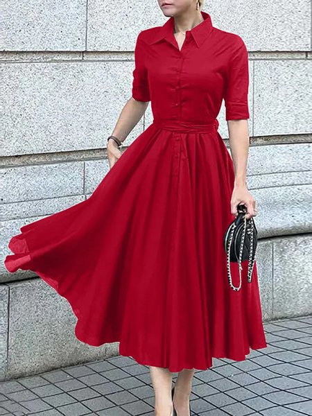 

Regular Fit Cotton-Blend Shirt Collar Elegant Dress, Red, Midi Dresses