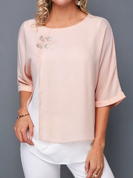 Plain Loose Crew Neck Elegant Shirt, Light pink, Shirts & Blouses