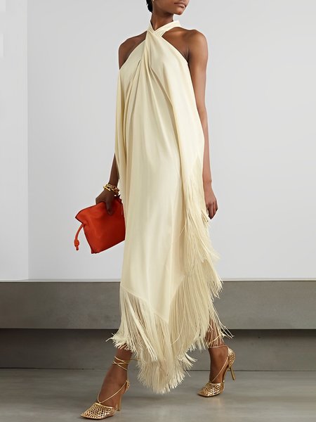 Plain Vacation Loose Long Sleeveless Dress, Apricot, Maxi Dresses