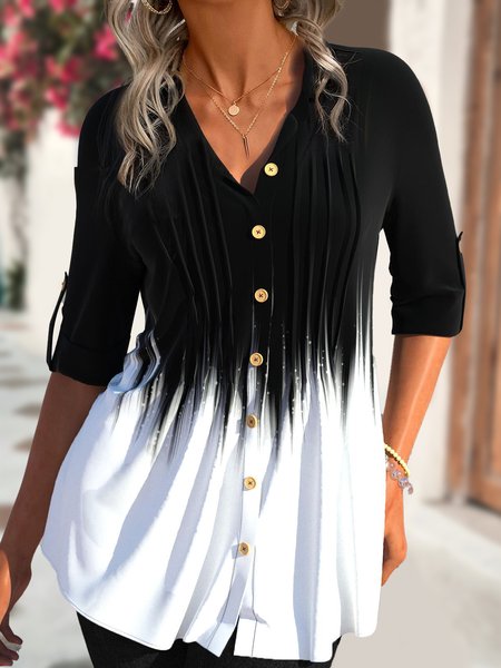 V Neck Color Block Casual Blouse, Black-white, Shirts & Blouses