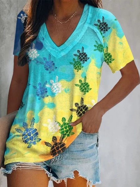 Turtle V Neck Casual Raglan Sleeve Loose T-Shirt, Blue, T-Shirts