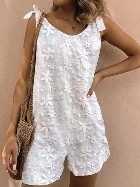 Cotton And Linen Linen Loose Jumpsuit, White, Jumpsuits&Rompers