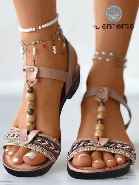 Khaki Bohemian Beaded Embroidered Stripes Block Heel Sandals, Sandals