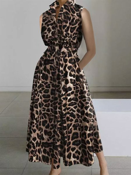 Leopard Shirt Collar Urban Regular Fit Dress, Midi Dresses