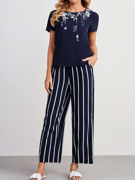 Casual Color Block Loose Two-Piece Set, Blue, Tops