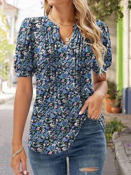 Women Loose Casual Floral Notched Shirt, Blue, Shirts & Blouses